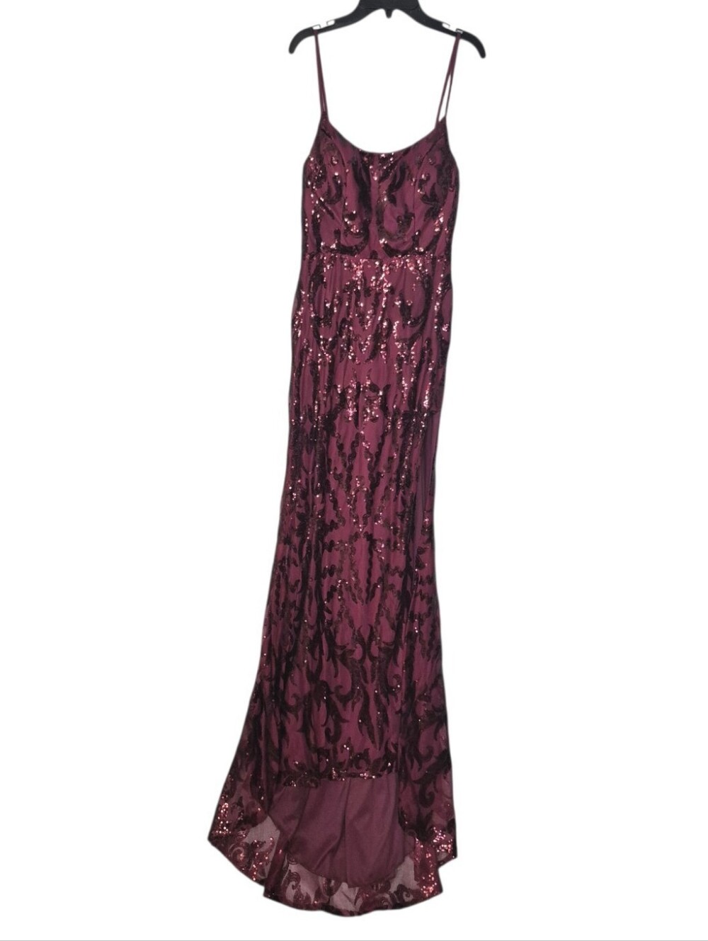 Sequined Burgundy Spaghetti-Strap Evening Gown - Women's Prom Dress